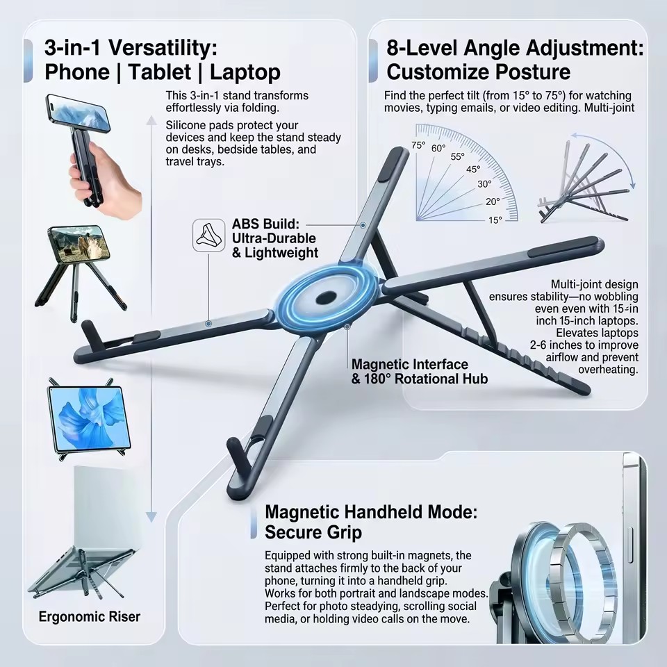 Laptop Accessories For Office - Tragbarer magnetischer Telefonhalter & Selfie-Stick 3-in-1
