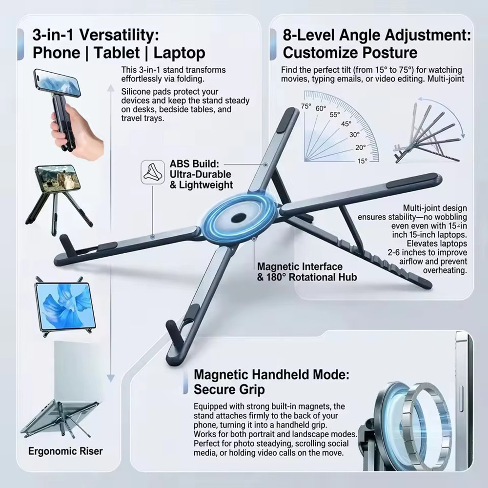 Laptop Accessories For Office - Tragbarer Magnetischer Handyhalter & Selfie-Stick 3-in-1